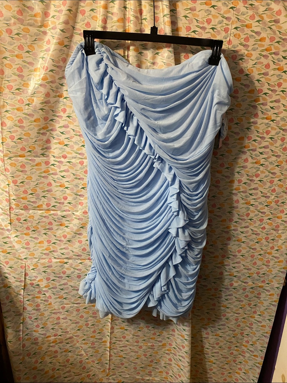 wild fable Light Blue Ruched Midi Dress with Cascade Ruffles